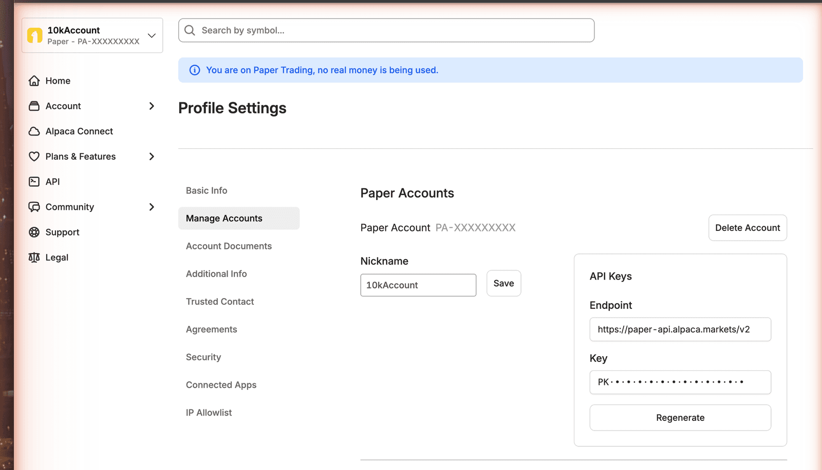 Alpaca Manage Accounts page with the API Keys panel showing Key, Endpoint, and Regenerate button.