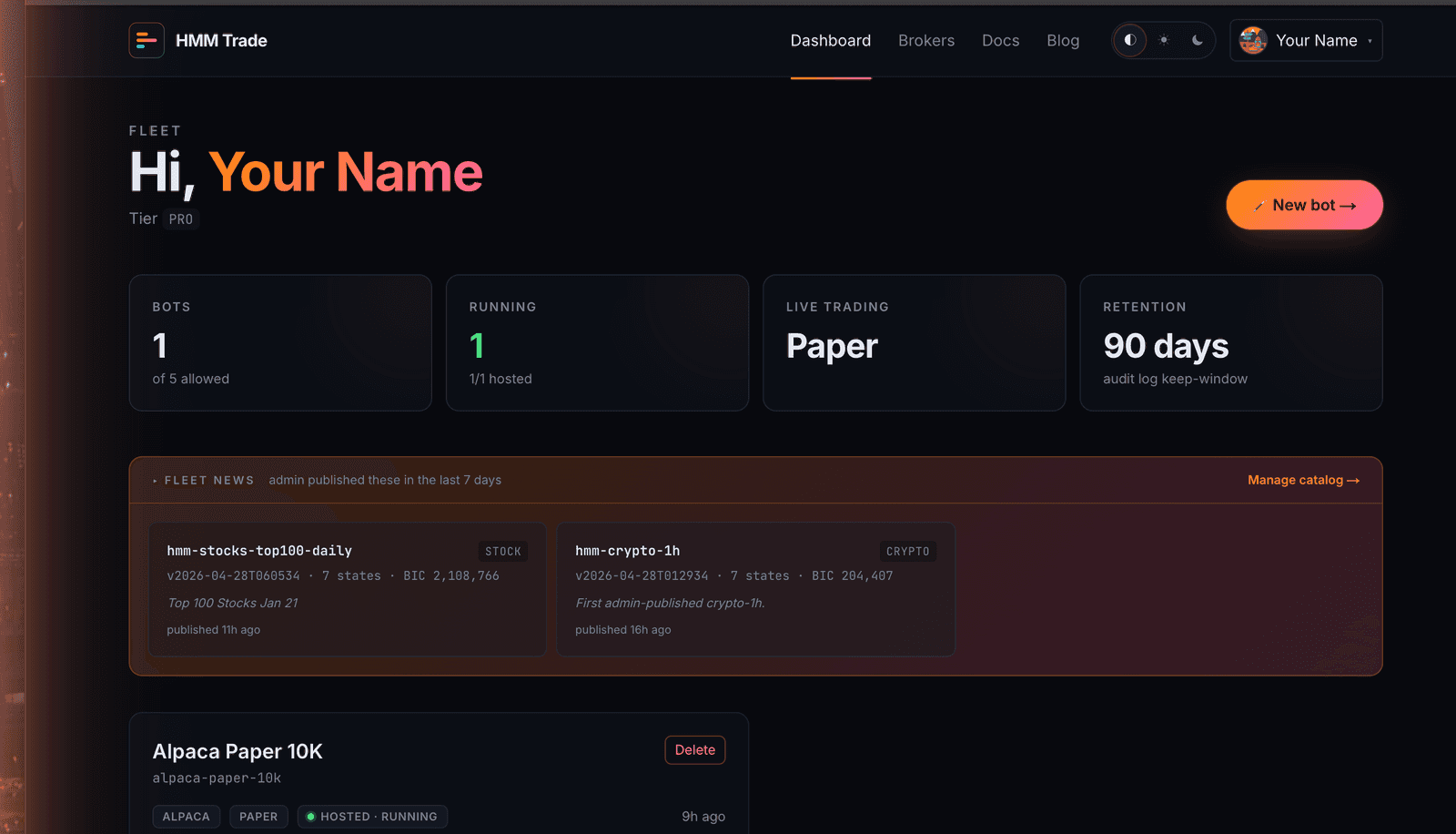 HMM Trade dashboard with one bot card showing PAPER, HOSTED, RUNNING badges.